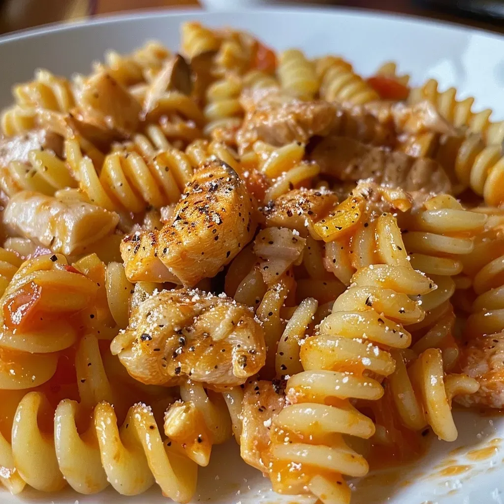 A close-up view of creamy tuna pasta, garnished with fresh parsley.