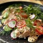 ['Creamy salmon salad presented in a close-up view, showcasing vibrant ingredients.', 'Close-up of a delicious dish featuring creamy salmon salad with fresh vegetables.', 'Juicy salmon salad displayed from the side, highlighting its creamy texture and colorful components.', 'Side view of a rich salmon salad with diced vegetables and herbs, emphasizing its fresh appeal.']