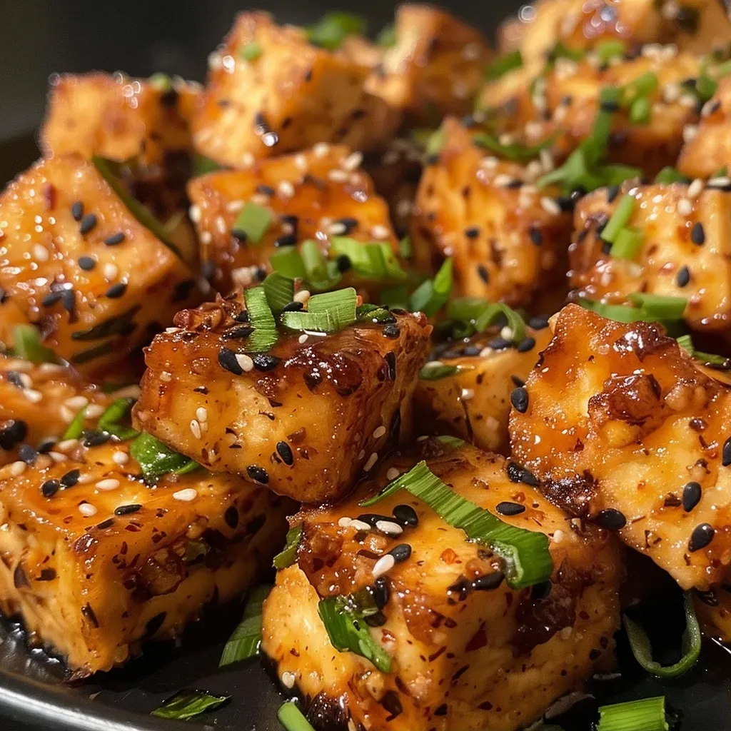 Close-up view of crispy baked tofu cubes on a plate, golden brown and crunchy.