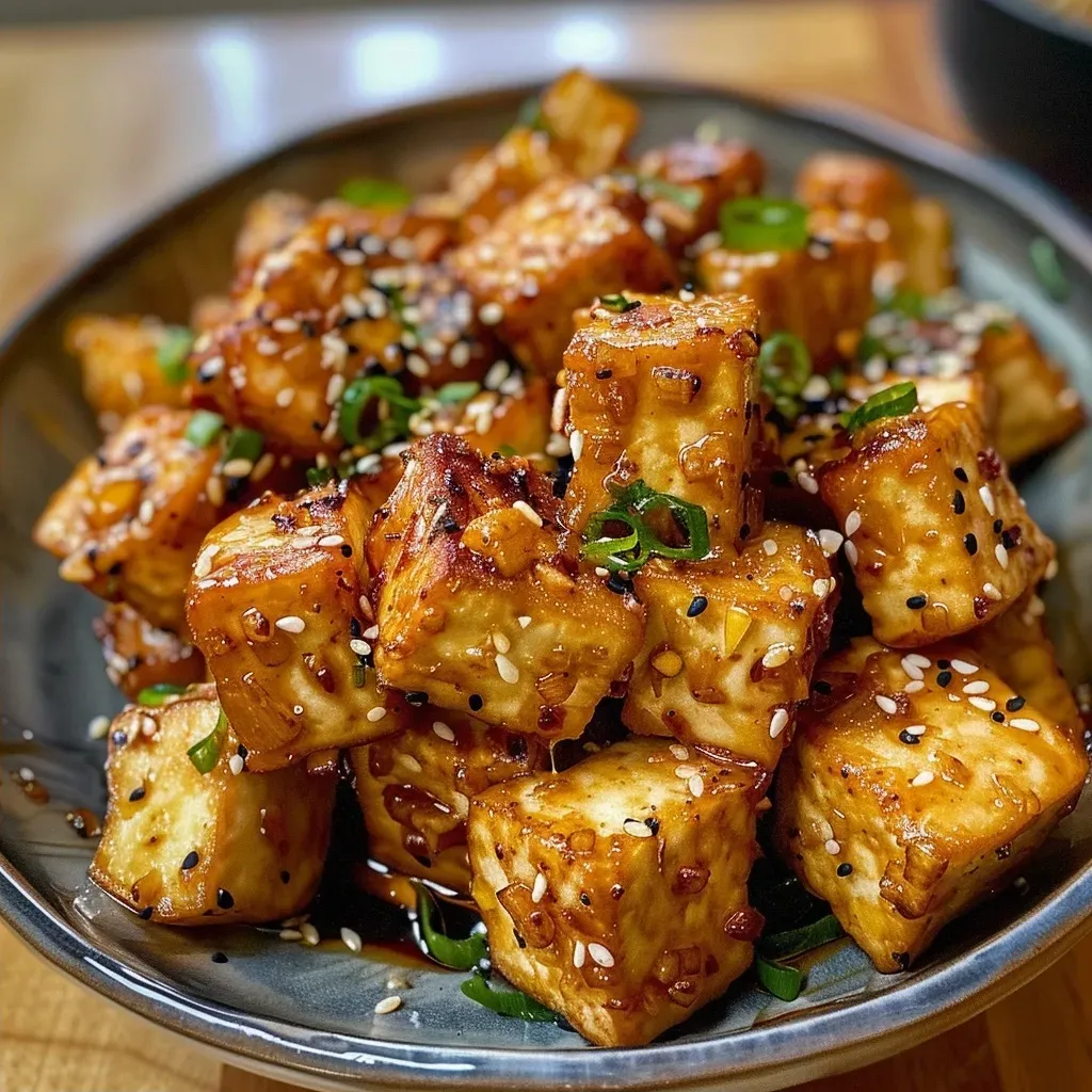 Side view of delicious crispy baked tofu, showcasing its texture and color.