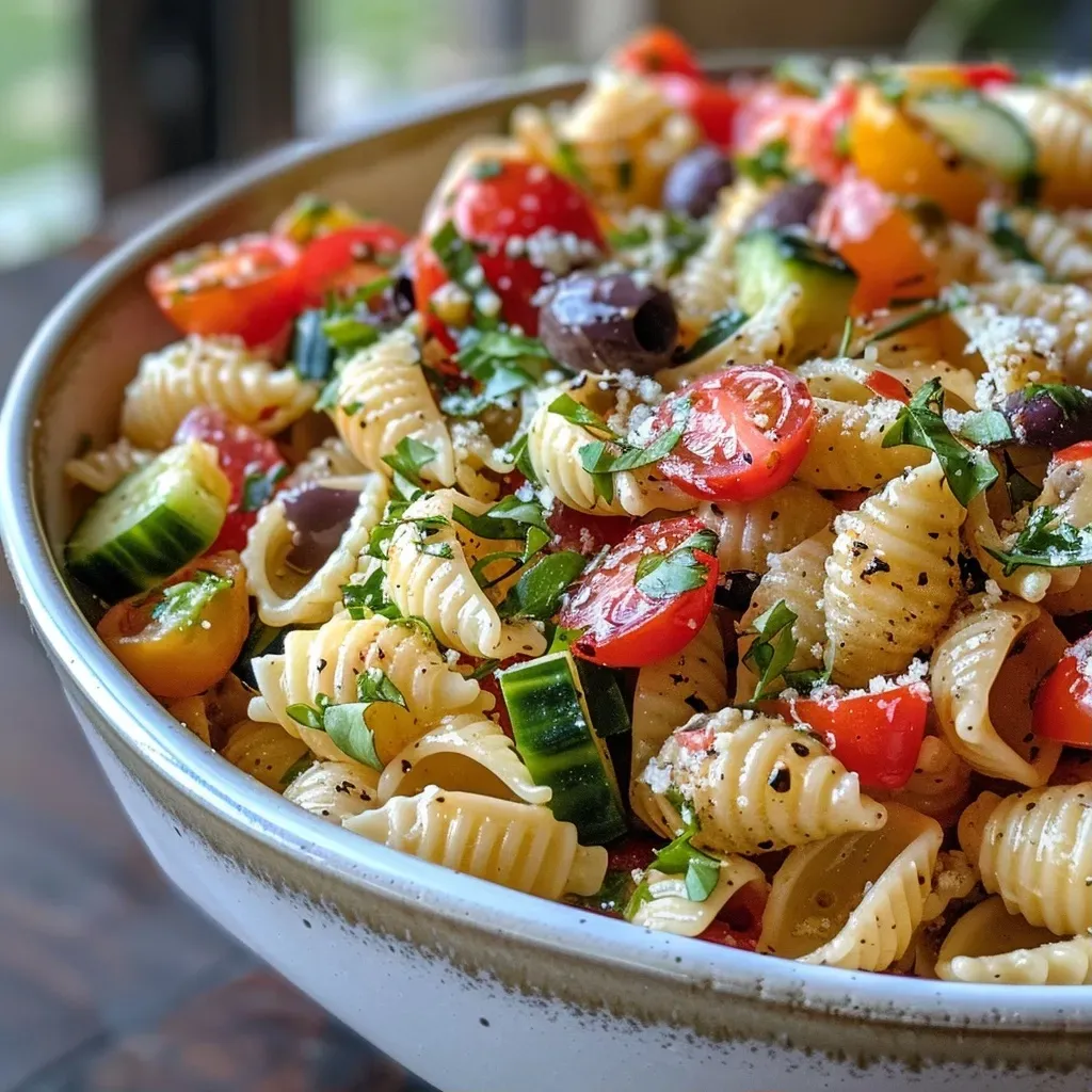 Close-up view of a vibrant crispy pasta salad with fresh ingredients.