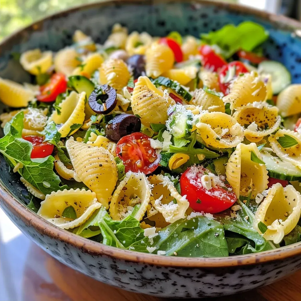 Close-up view of a vibrant crispy pasta salad with fresh ingredients.