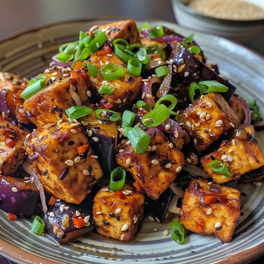 Close-up of a delicious plate of crispy tofu and aubergine stir-fry with vibrant colors and textures.
