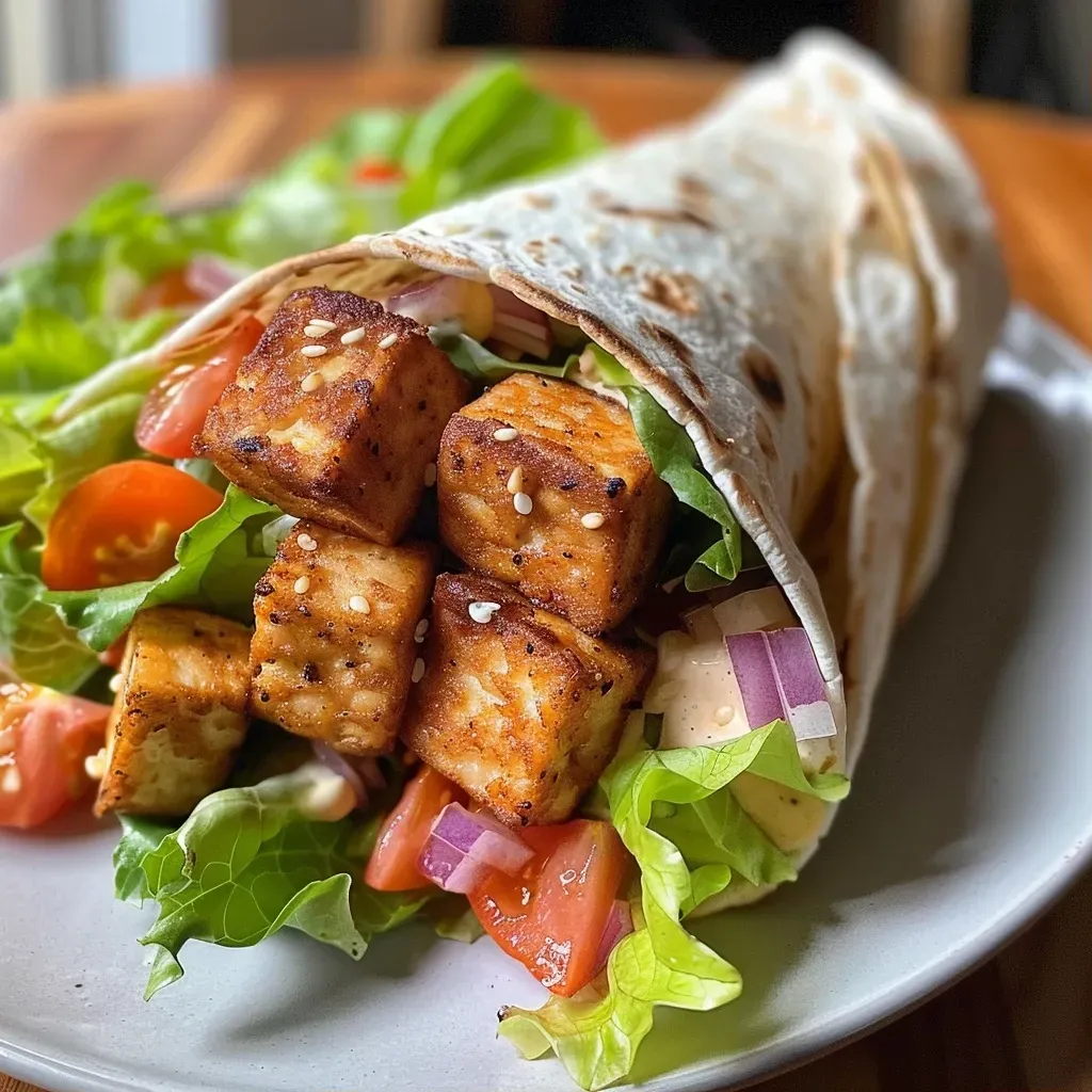 Close-up of a crispy tofu wrap filled with fresh vegetables and dressing.
