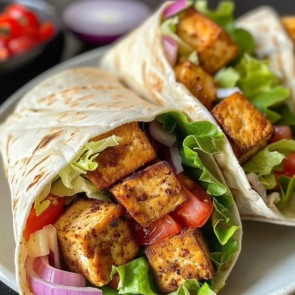 Side view of a juicy crispy tofu wrap showcasing colorful ingredients.