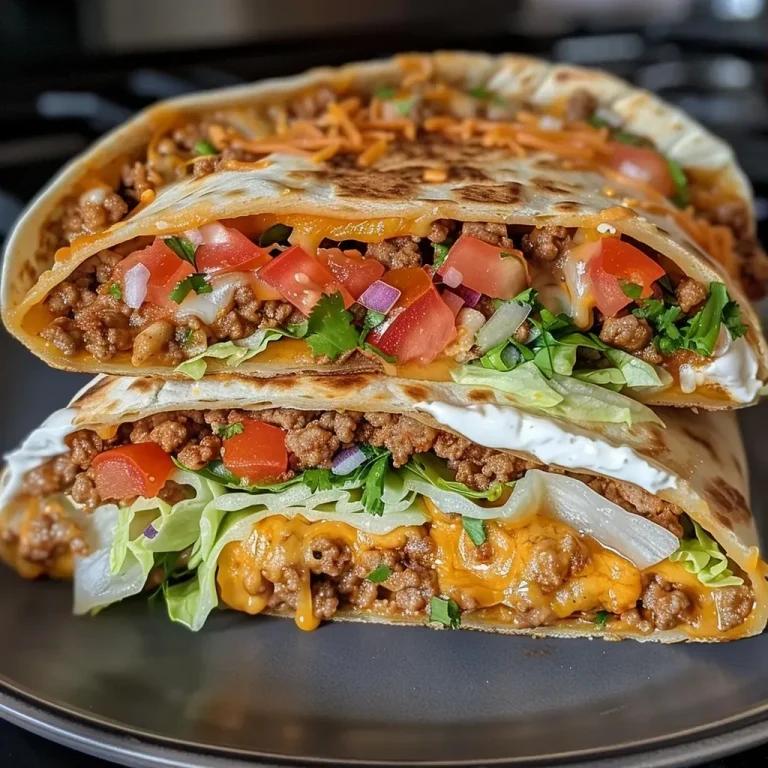 Juicy Crunchwrap Supreme with layers of beef, cheese, and vegetables.