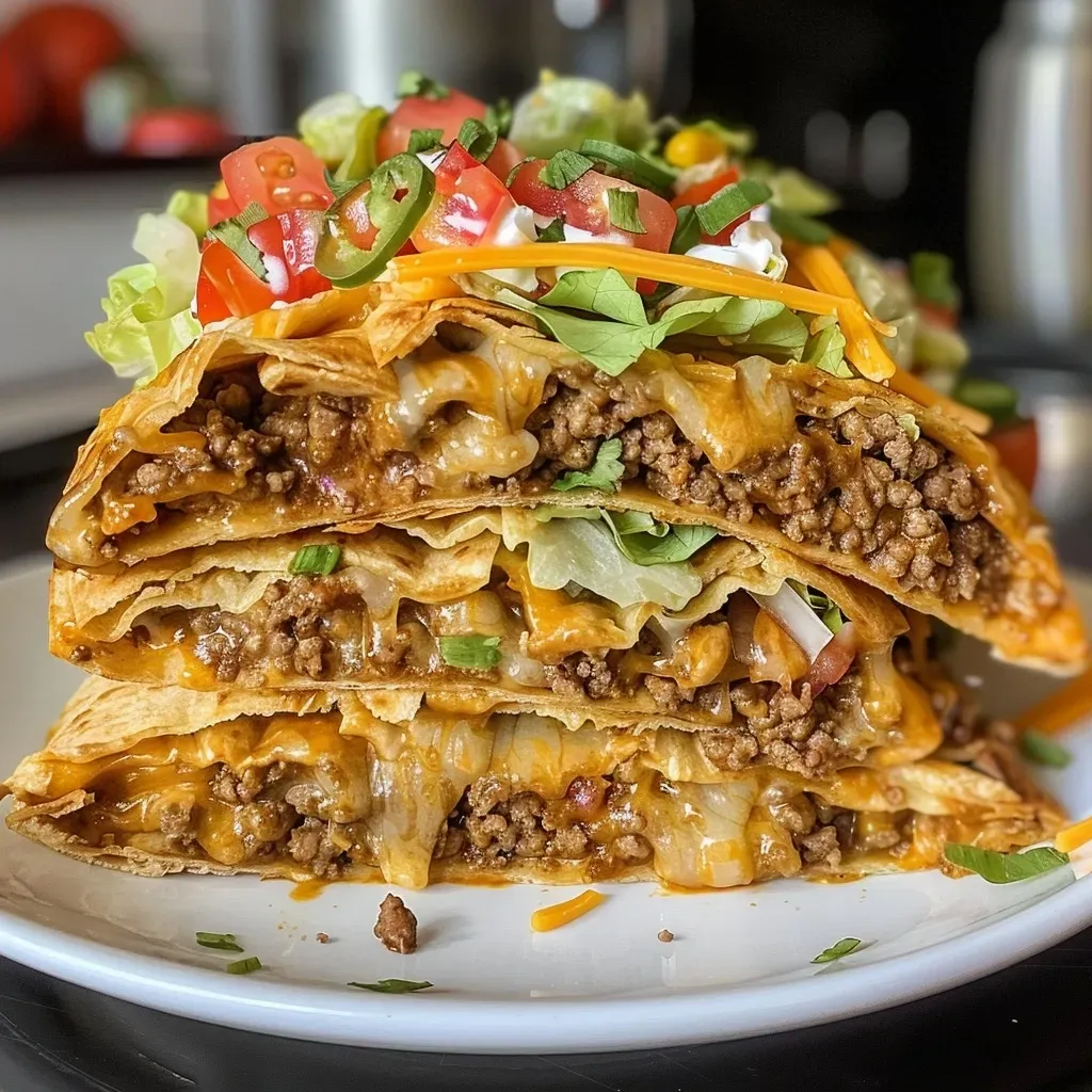 Close-up view of a Crunchwrap Supreme showcasing its colorful ingredients.