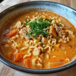 Close-up view of a creamy Curry Mie noodle soup with chicken and vegetables.