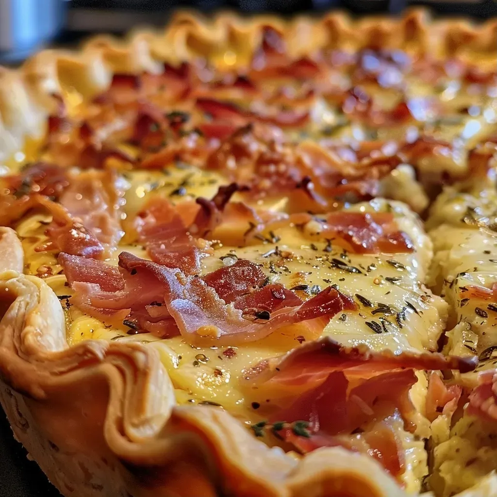 Close-up side view of a hearty tart filled with peas and bacon.