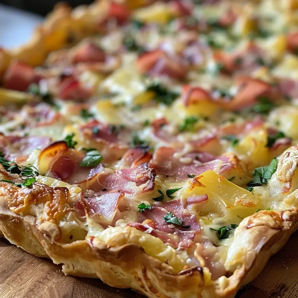 Close-up side view of a hearty tart filled with peas and bacon.
