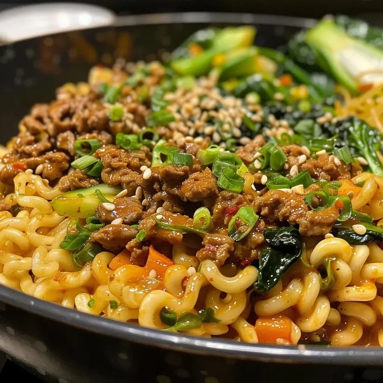 Close-up view of vibrant curry noodles with ground beef and vegetables.