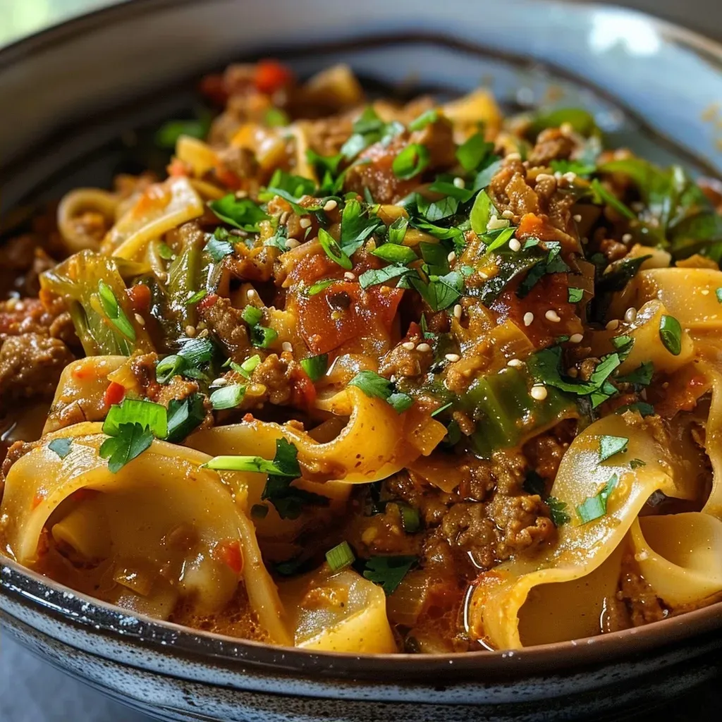 Side angle of a bowl filled with colorful curry noodles topped with scallions.