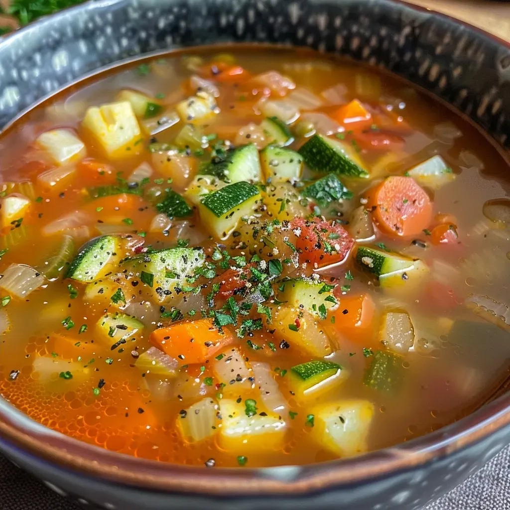 A close-up of a bowl filled with vibrant, chunky lentil vegetable soup topped with grated Parmesan and fresh parsley.