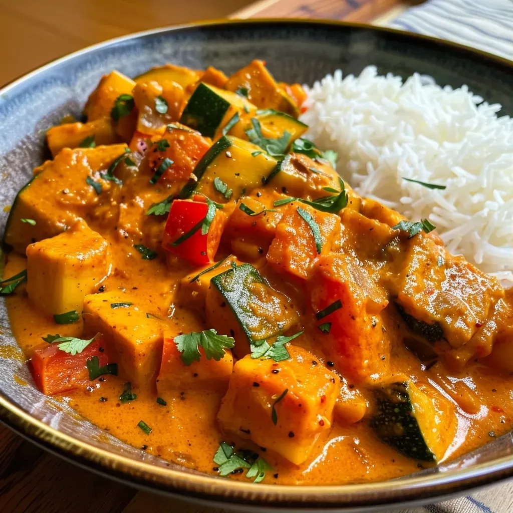 Close-up view of Erdnussbutter Curry with vibrant vegetables and creamy sauce.