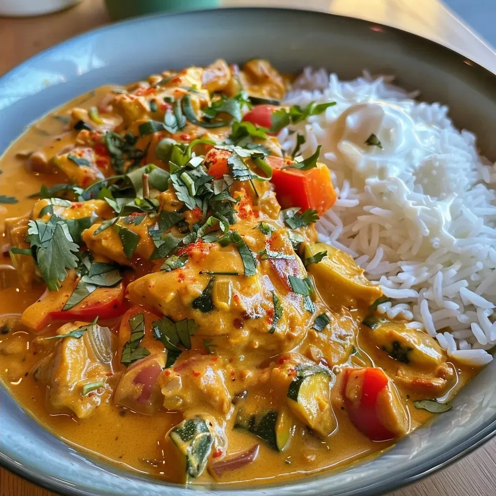 Side view of a bowl filled with colorful Erdnussbutter Curry on a wooden table.