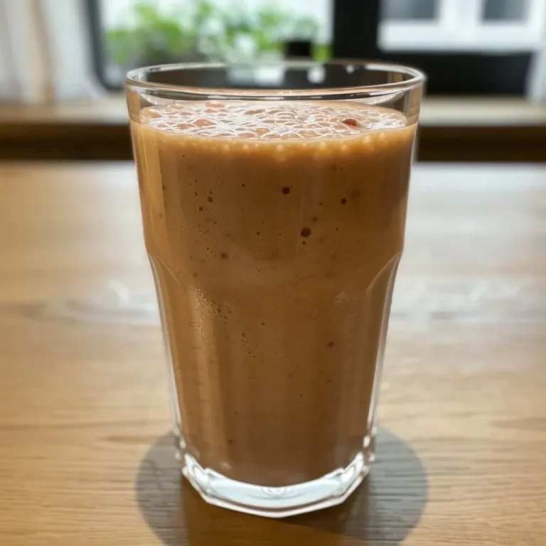 Close-up view of a creamy Feigen-Zwetschken smoothie in a glass with fresh figs and plums nearby.