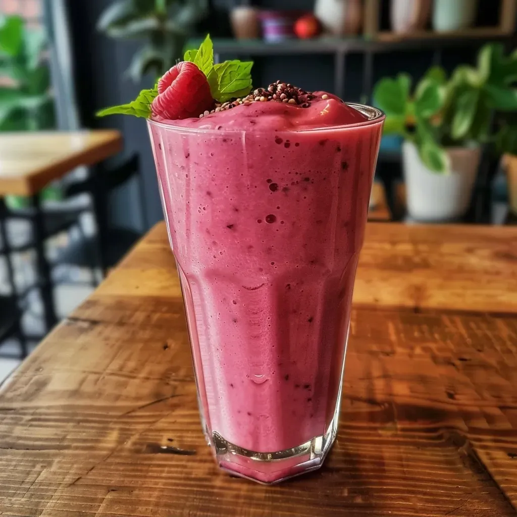 Side view of a vibrant, thick smoothie made with figs and plums, topped with quinoa pops.