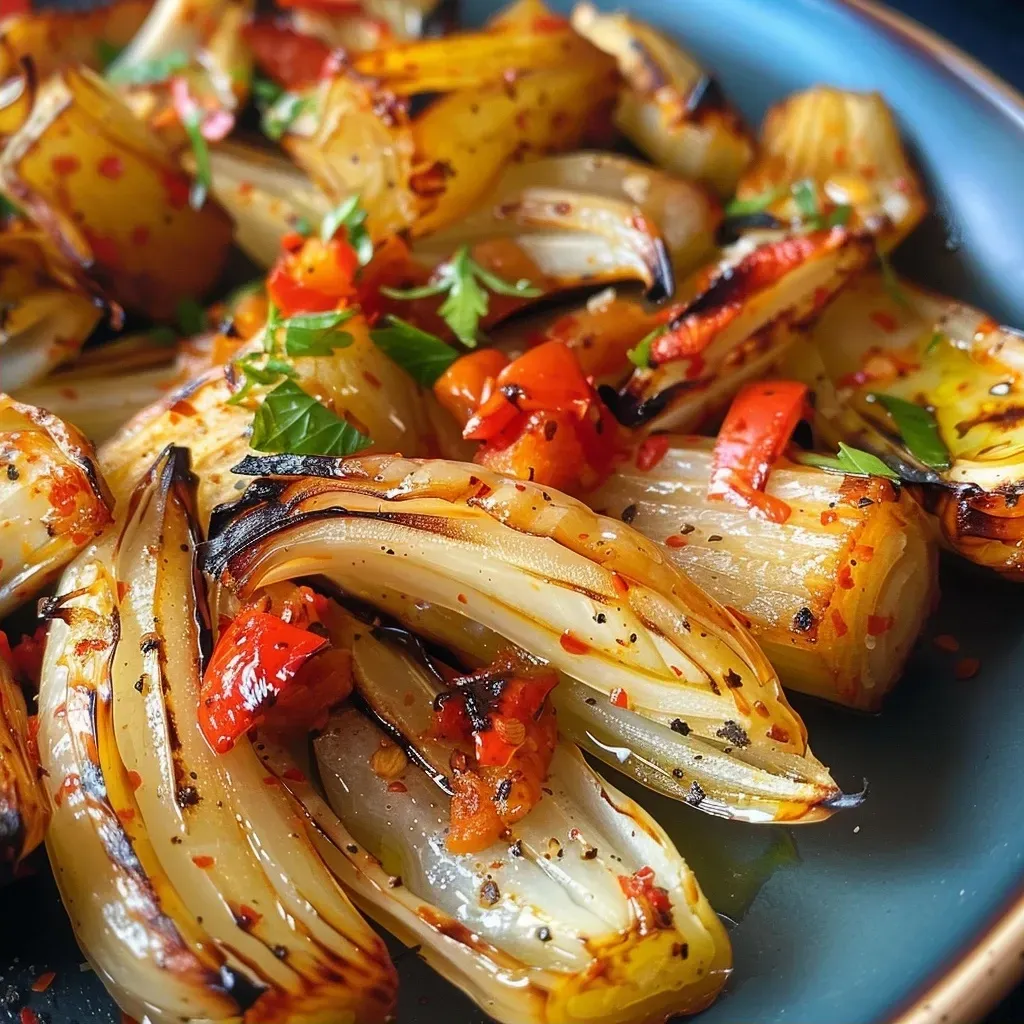 Side view of fresh fennel and paprika on a plate.