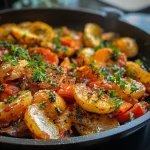 Close-up view of a colorful Fenchel-Paprika-Pfanne with fennel and bell peppers.