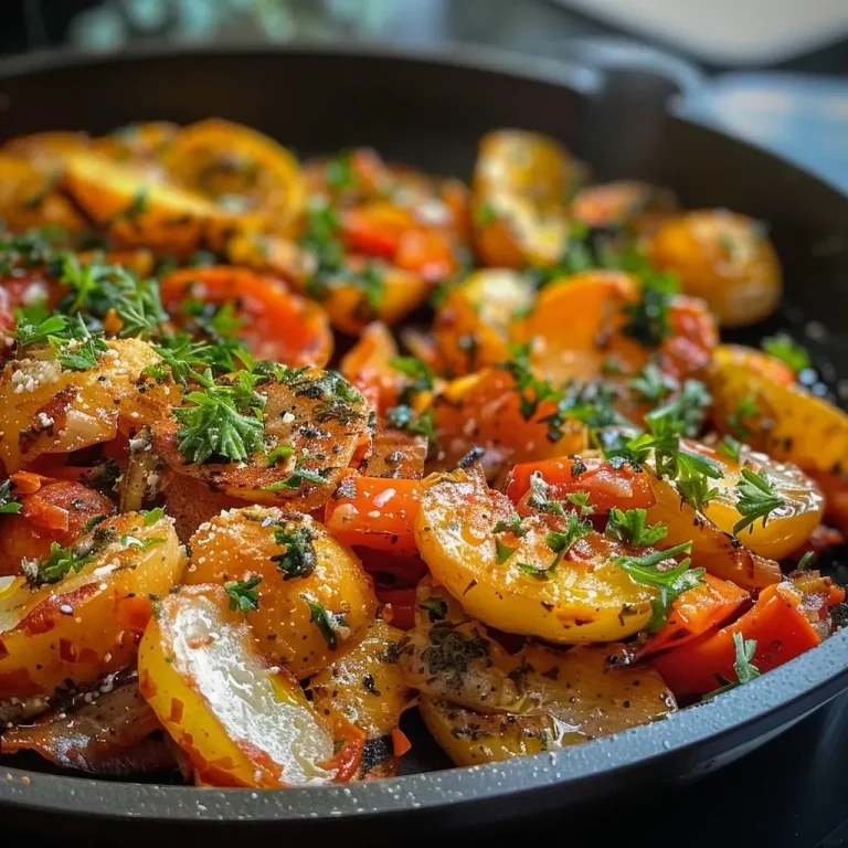 Close-up view of a colorful Fenchel-Paprika-Pfanne with fennel and bell peppers.