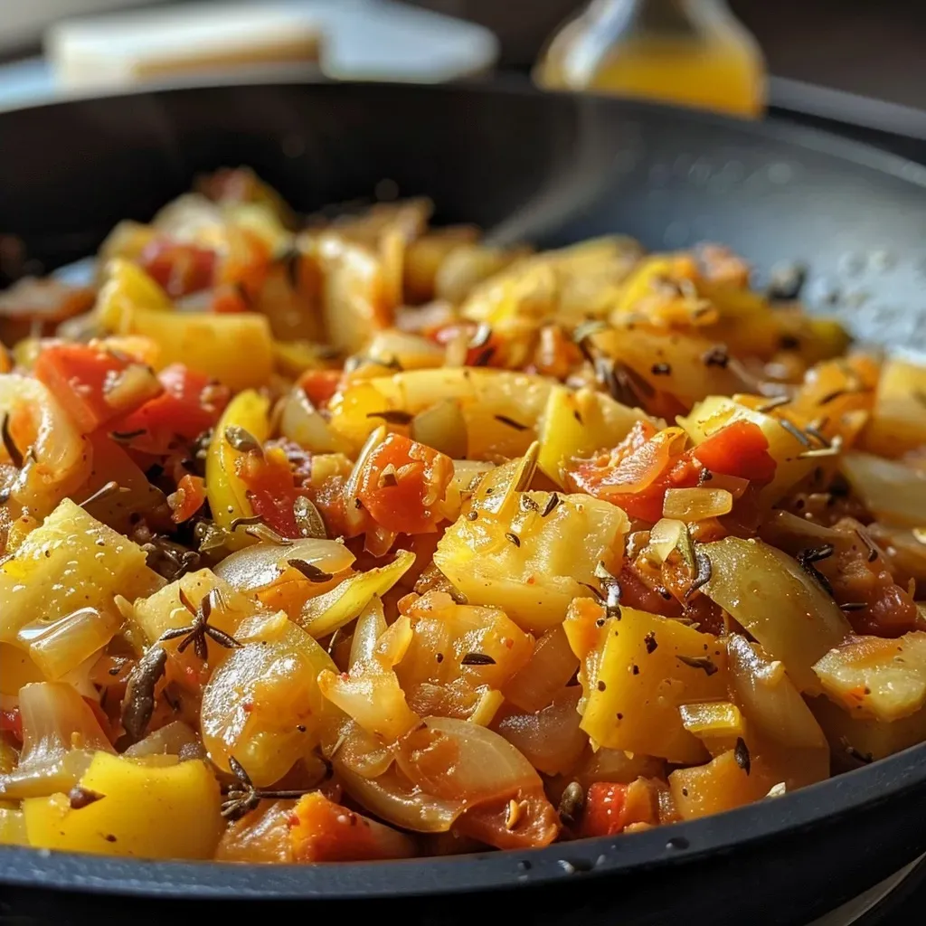 Side view of a vibrant dish featuring fennel and assorted bell peppers in a skillet.