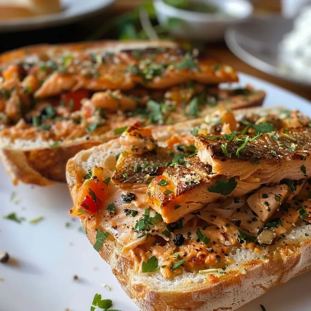 Side view of a juicy Fladenbrot with tuna and fresh vegetables, highlighting the ingredients.