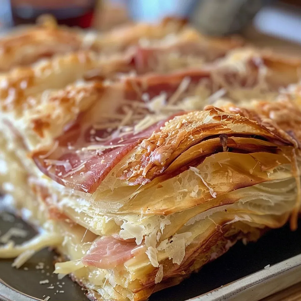 Close-up view of Fladenbrot topped with leeks and bacon.