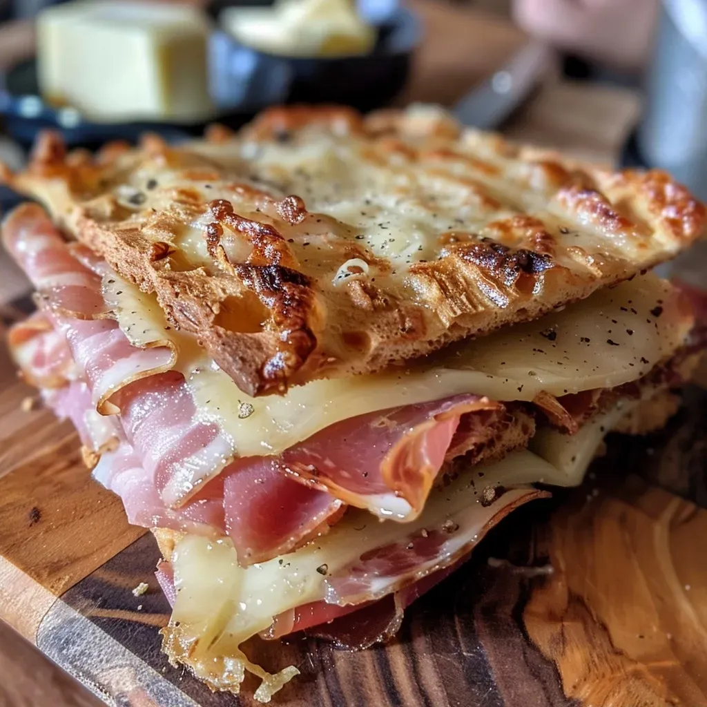 Side view of a savory Fladenbrot with julienned leeks and crispy bacon.