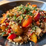 Close-up image of a colorful Garnelen-Couscous dish with shrimp and vegetables.