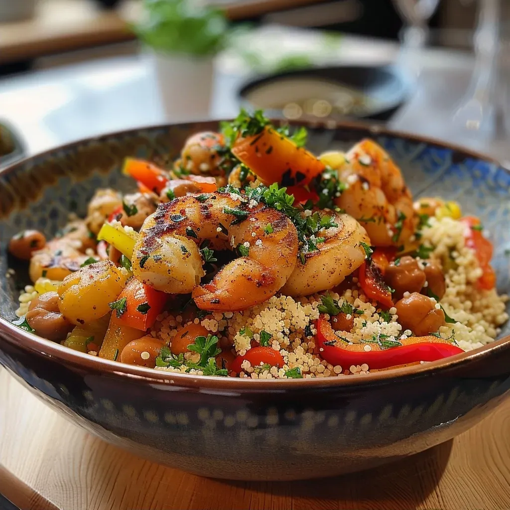 Juicy shrimp stir-fry with couscous, showcasing bright peppers and onions.