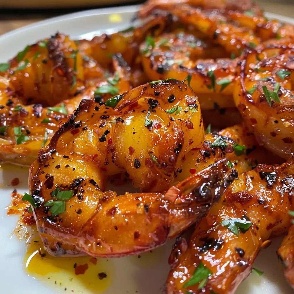 Close-up of air-fried garnelen with a crispy texture and fresh herbs.