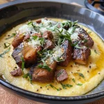 Close-up view of juicy garnelen served with creamy polenta.