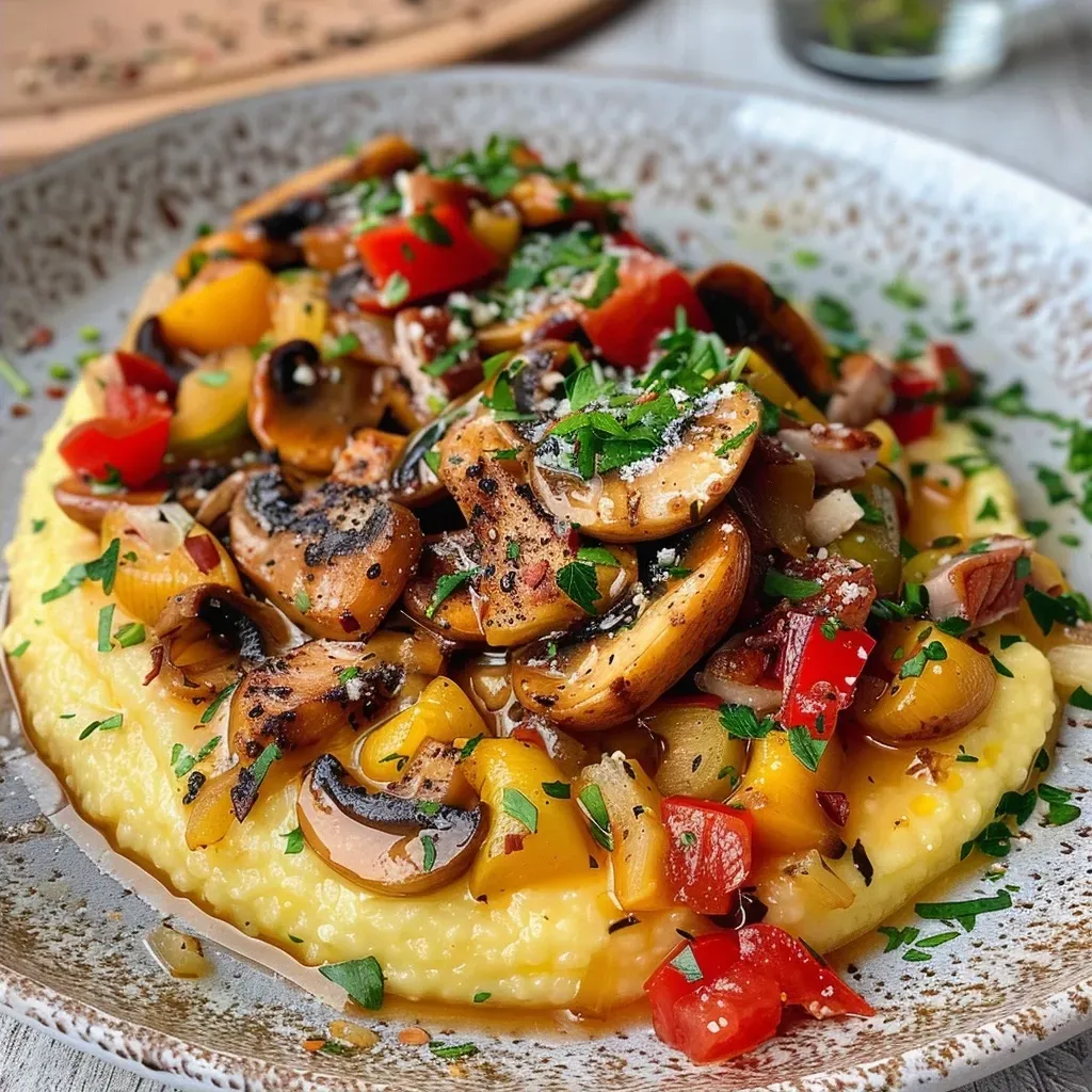 Side profile of a dish featuring sautéed garnelen and smooth polenta.