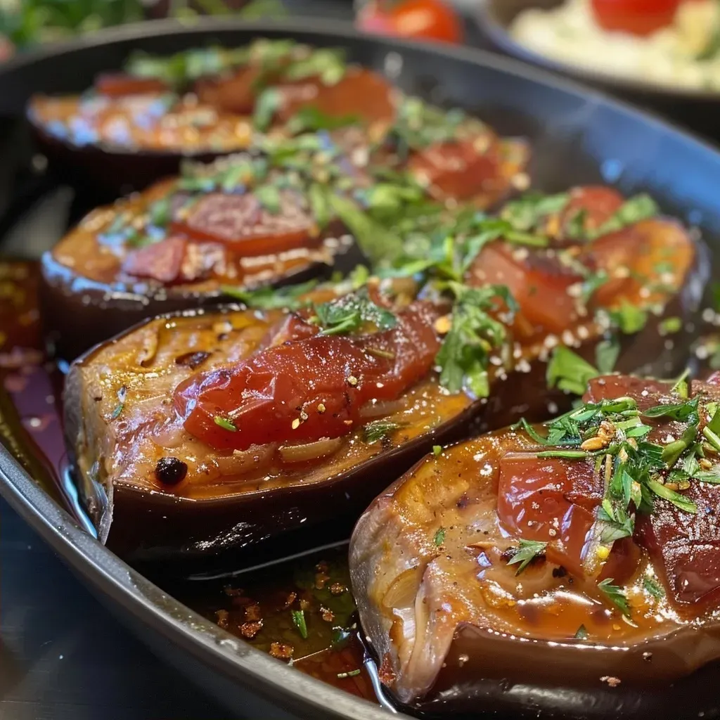 Juicy cooked eggplants filled with ground meat, garnished with melted cheese, captured from the side.