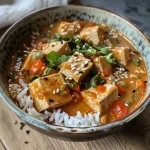 Close-up view of roasted miso pumpkin with tofu, garnished with green onions and chili.