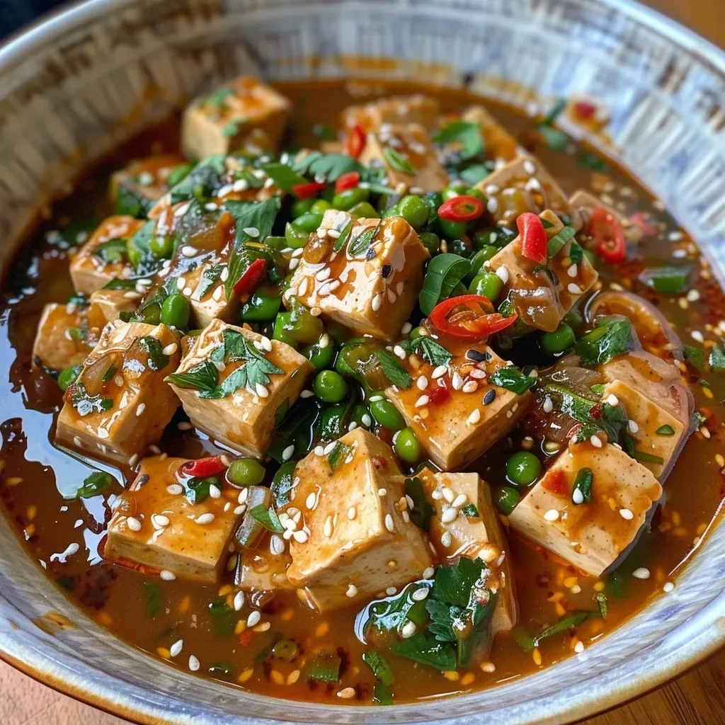 Side view of a plate featuring glazed miso pumpkin slices and crispy tofu cubes.