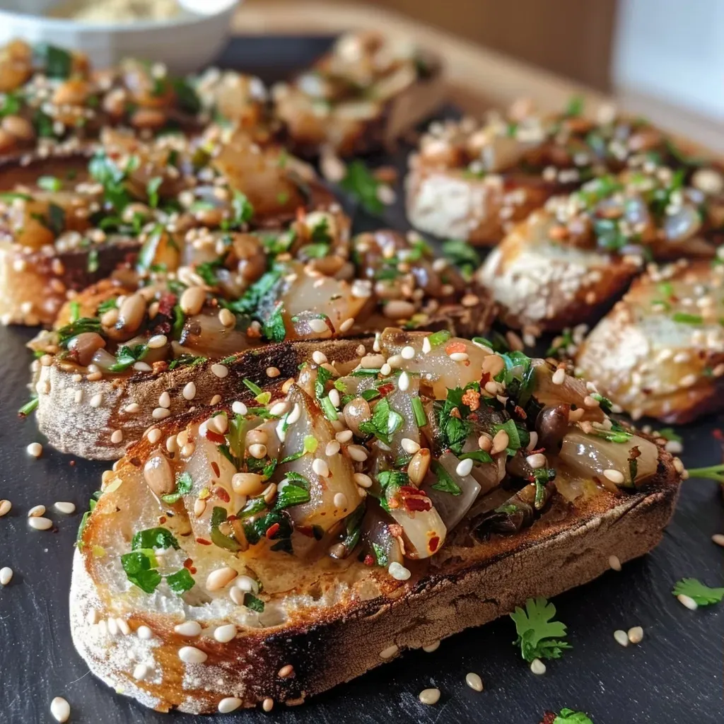 Close-up view of crispy toasted bread topped with juicy shrimp and garnished with spring onions.