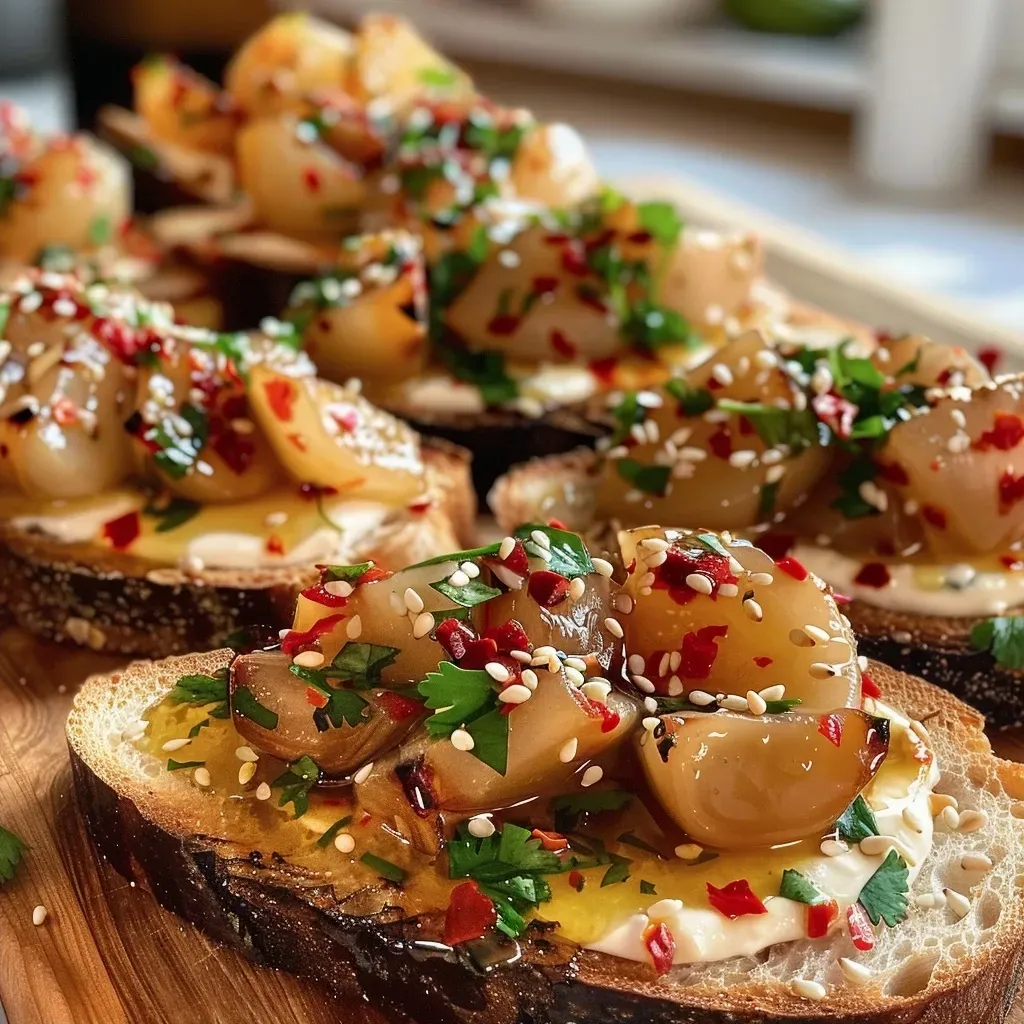 Side view of a plate of golden-brown shrimp toast, showcasing fresh ingredients and vibrant colors.