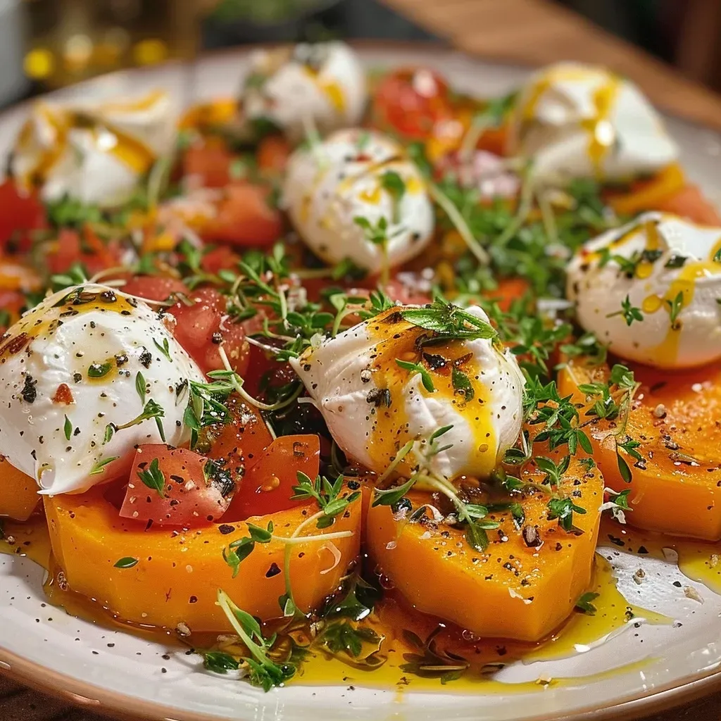 Close-up view of roasted butternut squash topped with creamy burrata cheese.