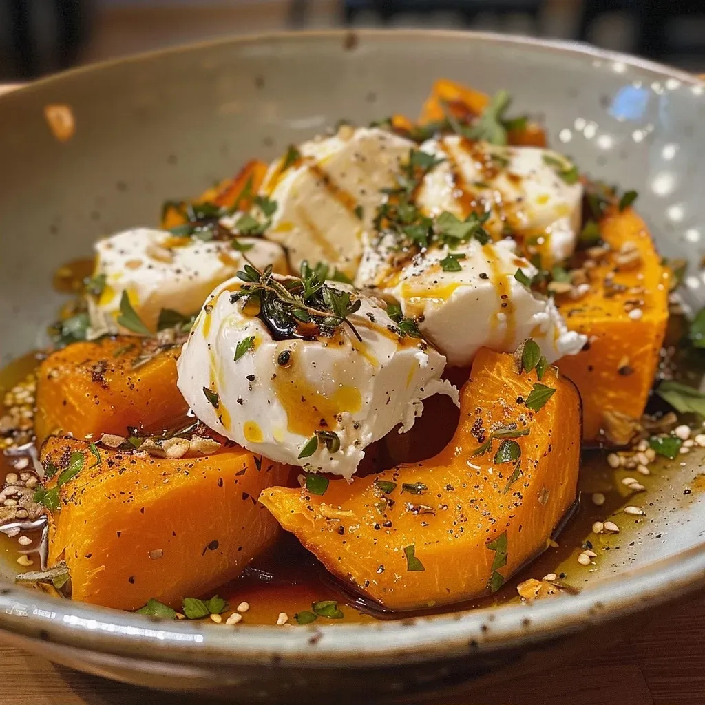 Delicious plate featuring golden roasted pumpkin and fresh burrata cheese with herbs.