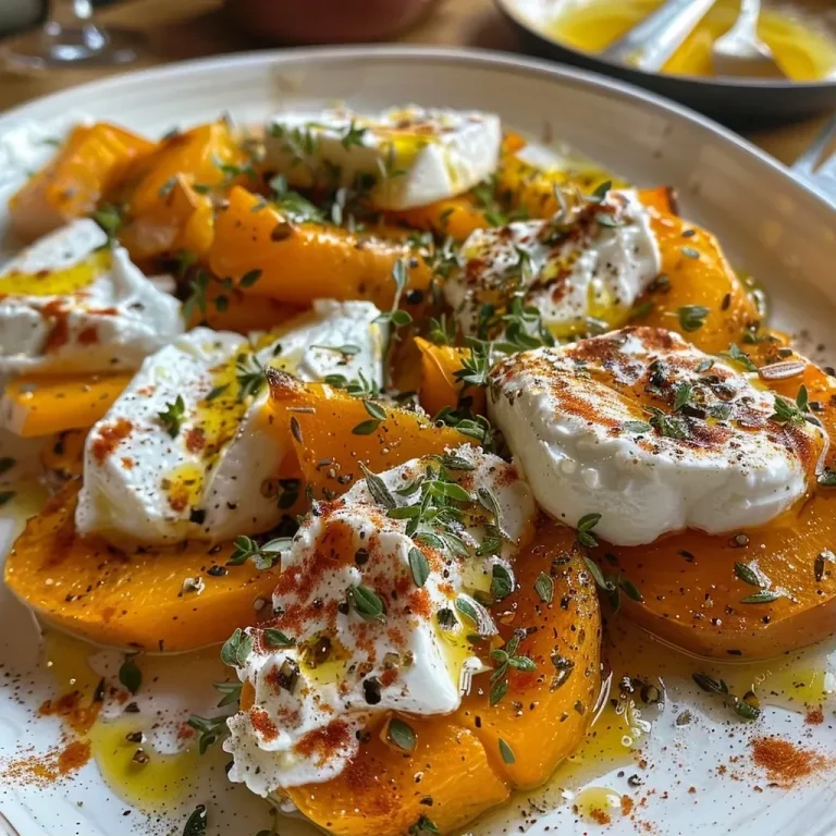 Close-up view of roasted pumpkin slices topped with burrata cheese.