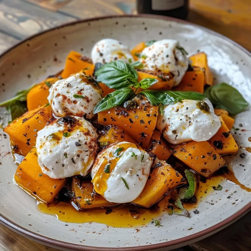Side view of a dish featuring juicy roasted pumpkin and creamy burrata.