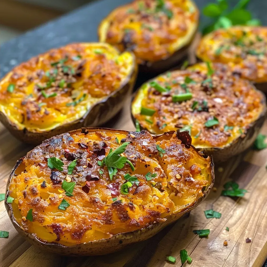Juicy, filled sweet potato garnished with sliced avocado, with a focus on the intricate details of the toppings.