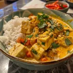 Close-up view of creamy yellow Thai curry with tofu and chickpeas.
