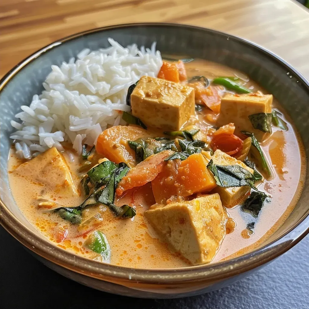 Side view of a vibrant yellow curry dish featuring tofu and vegetables.