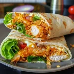 Close-up view of a crispy chicken wrap filled with lettuce, tomatoes, and cheese.