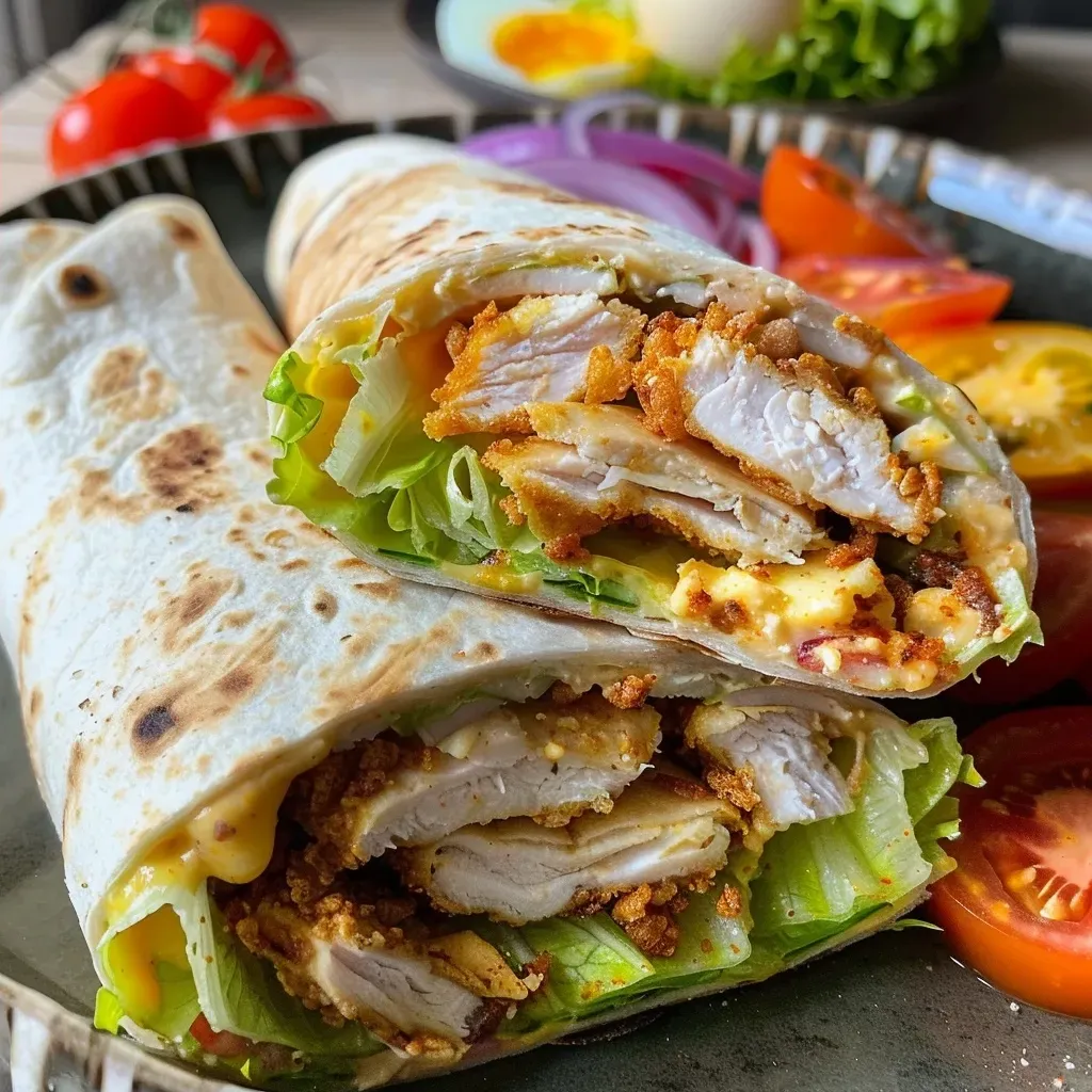 Side view of a healthy chicken wrap showcasing its golden crust and fresh ingredients.