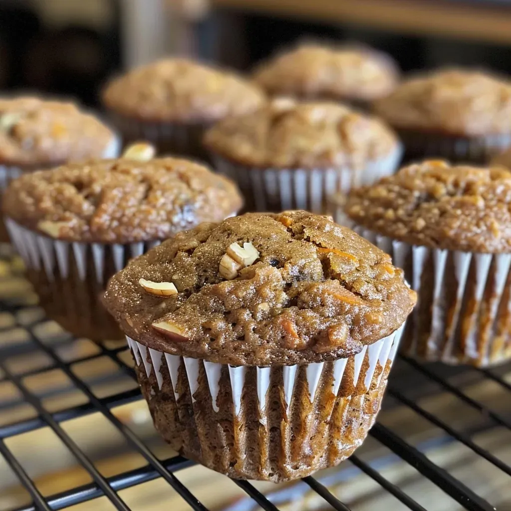 Close-up view of healthy muffins with a golden-brown top and a moist texture.