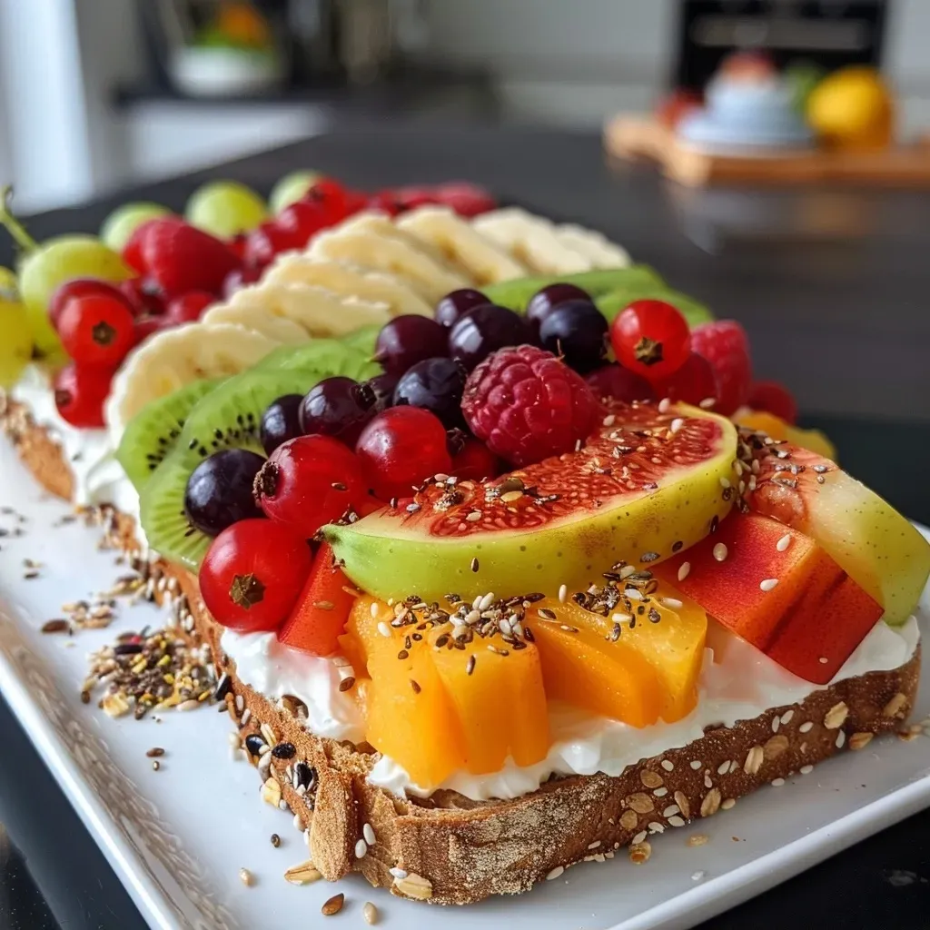 Close-up of a colorful whole grain breakfast toast with fruit and greens.