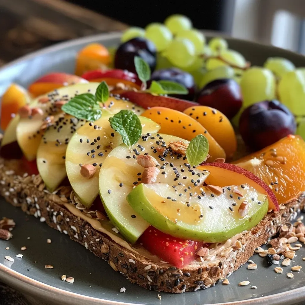 Close-up of a colorful whole grain breakfast toast with fruit and greens.